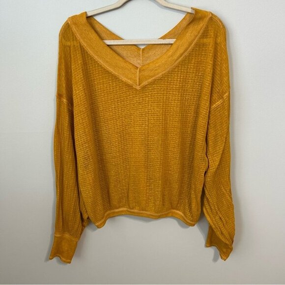 Free People South Side Thermal Yellow Off-the-Shoulder Sweater Women’s Medium - Picture 2 of 7